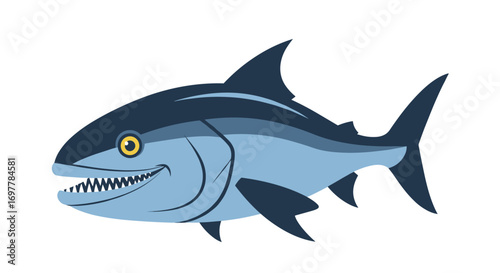 A vivid illustration of a speedy blue fin tuna fish with sharp teeth and a determined expression swimming freely in the ocean