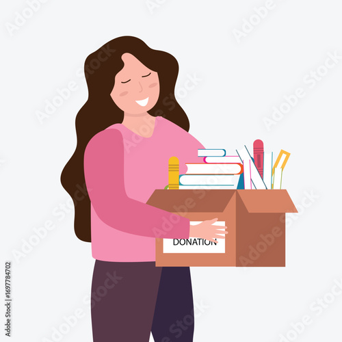 Books donation and bookcrossing concept. Woman holding book box. Time for knowledge charity. Donation box full of books. vector illustration