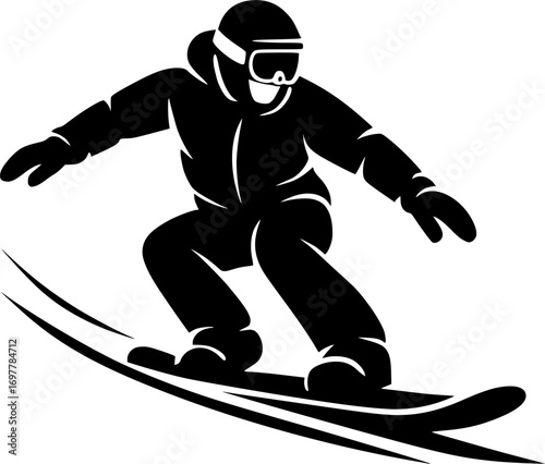 Minimal black and white vector of a snowboarder carving down a slope, clean silhouette design, perfect for winter sports graphics, posters, and alpine action illustrations.