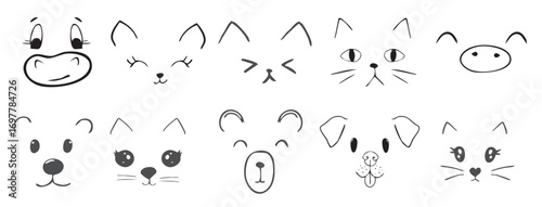  cute animal faces pet comic doodle with expressions set vector illustration
