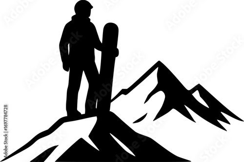 Minimal black and white vector silhouette of a snowboarder standing at a mountain peak, clean design, perfect for winter sports graphics, posters, and alpine adventure illustrations.