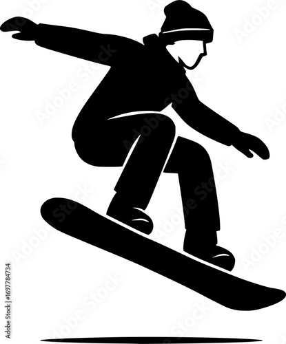 Minimal black and white vector of a snowboarder performing a mid-air trick, clean poster-style design, perfect for winter sports graphics and dynamic alpine illustrations.