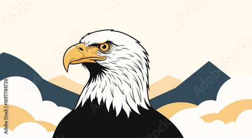 Majestic bald eagle portrait with mountain peaks and clouds detailed illustration style