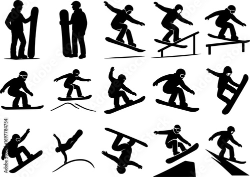 Collection of 15 minimal black and white vector silhouettes of snowboarders, clean designs, perfect for winter sports graphics, posters, and action illustrations.