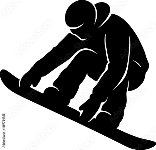 Minimal black and white vector silhouette of a snowboarder performing a grab, clean design, perfect for winter sports graphics, posters, and dynamic freestyle illustrations.
