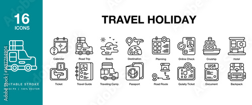 Travel Holiday icon set. Includes beach, trip, together, fun, journey, and More. Editable Stroke Icon Collection.
