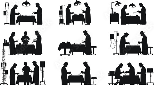 Silhouette vector set of surgeons performing surgery in operating room, showcasing medical teamwork, healthcare, hospital procedure, and surgical precision.