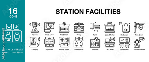 Station Facilities icon set. Includes construction, electric, architecture, parking, and More. Editable Stroke Icon Collection.