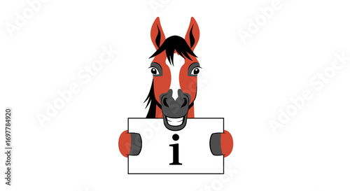 Adorable brown horse peeking over a white sign with the letter i inscribed on it in bold black font