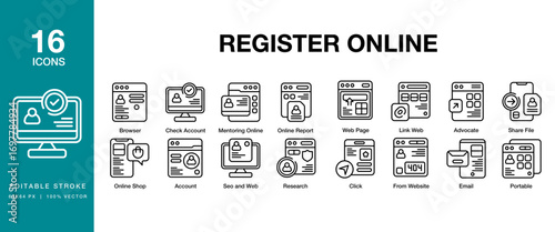 Register Online icon set. Includes application, data, user, registration, and More. Editable Stroke Icon Collection.
