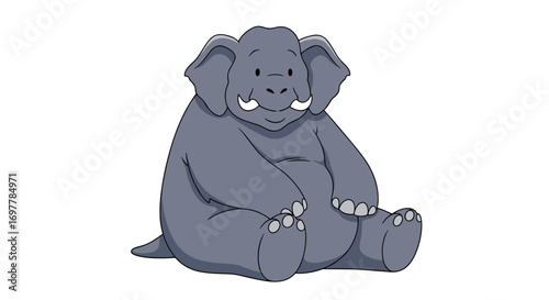 A charming cartoon illustration of a plump grey elephant sitting down with a gentle smile and big floppy ears looking adorably plump