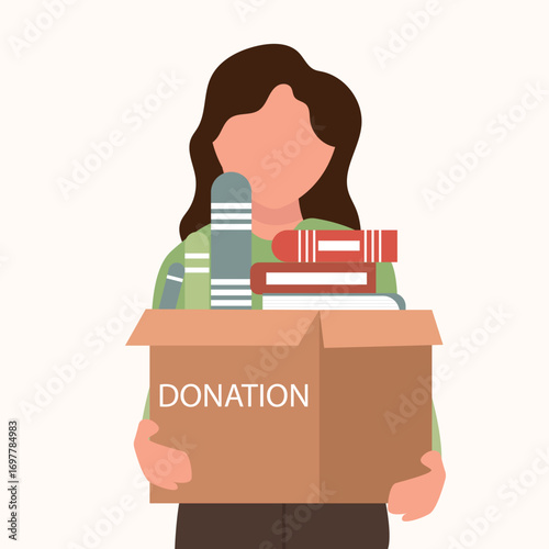 Books donation and bookcrossing concept. Woman holding book box. Time for knowledge charity. Donation box full of books. vector illustration