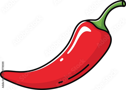 Cartoon red chili pepper with a green stem isolated on a white background