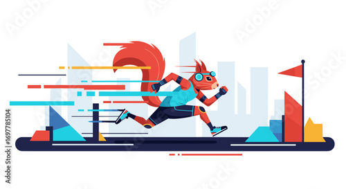Energetic squirrel athlete sprinting towards the finish line in a futuristic cityscape