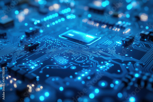 3D processor chip embedded in glowing circuit
