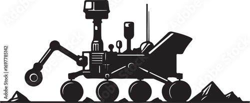 Black silhouette of a Mars rover exploring rocky terrain space exploration science