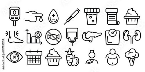 diabetes disease diagnostics linear vector icons set vector illustration