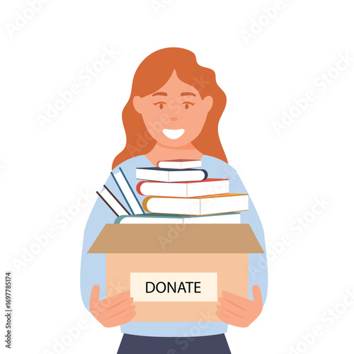 Books donation and bookcrossing concept. Woman holding book box. Time for knowledge charity. Donation box full of books. vector illustration