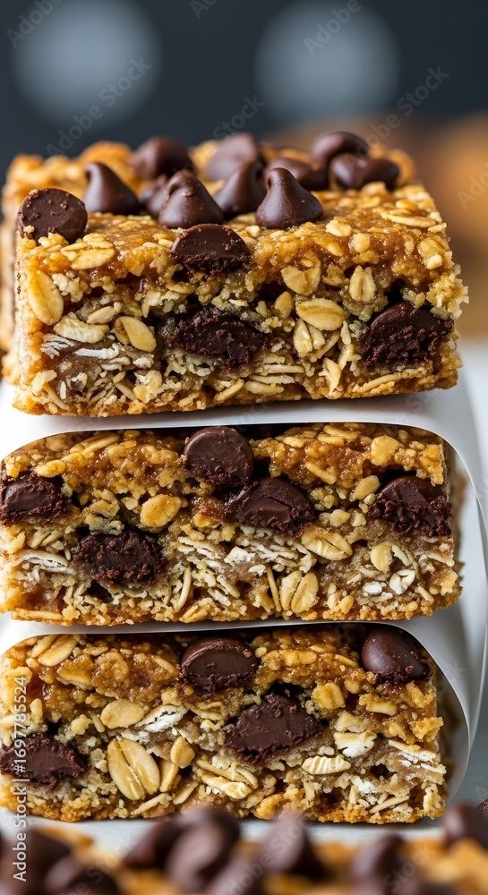 Obraz premium Stacked granola bars with chocolate chips and oats delicious snack tasty treat sweet food yummy dessert 96