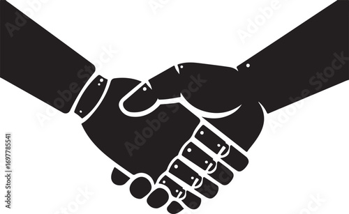Black silhouette of a robot hand and a human hand shaking handshake partnership