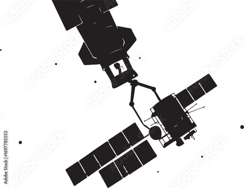 Black silhouette of a satellite with solar panels and robotic arm against white background space technology