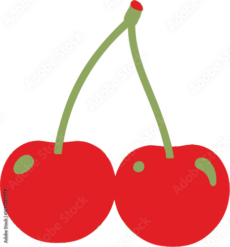 Two bright red cherries connected by a green stem on a clean white background