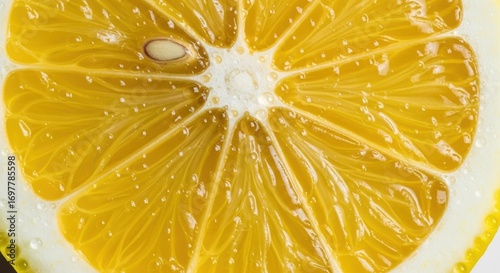 Close up of a vibrant yellow lemon slice with water droplets