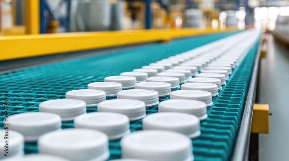 Fototapeta premium Rows of freshly manufactured products moving along a conveyor belt in a well organized streamlined factory setting ready for efficient distribution and logistics