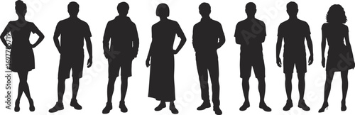 Human silhouettes, diverse poses, fashion styles, standing figures, black vector, casual clothing, dress, shorts, posture, people