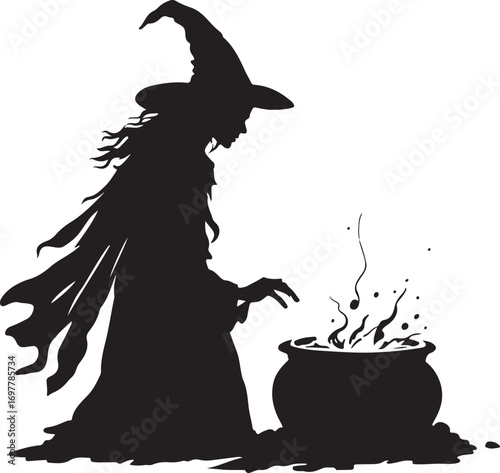 Black silhouette of a witch with a pointed hat stirring a bubbling cauldron magic