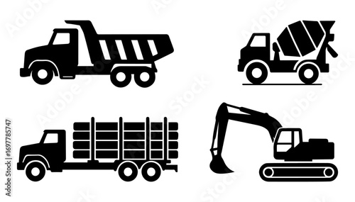 Black and white illustration of a set of icons for special vehicles of a truck, a mixer truck, a logging truck and an excavator in a minimalist style on a white isolated background. Vector graphics. E