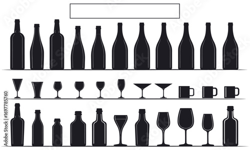 Silhouette collection of bottles and glasses in black drinkware illustration design
