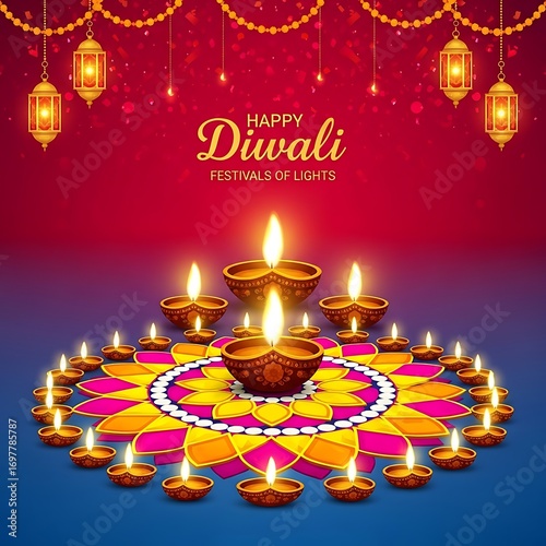 Happy diwali greeting card with illuminated diyas arranged in a mandala pattern and festive lanterns