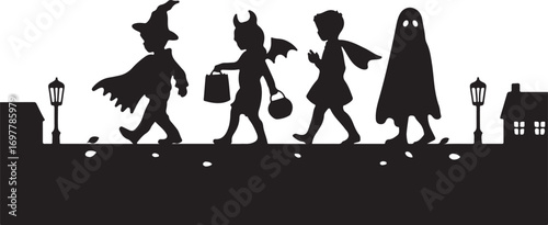Black silhouette of children in Halloween costumes trick or treating past houses and lampposts vector