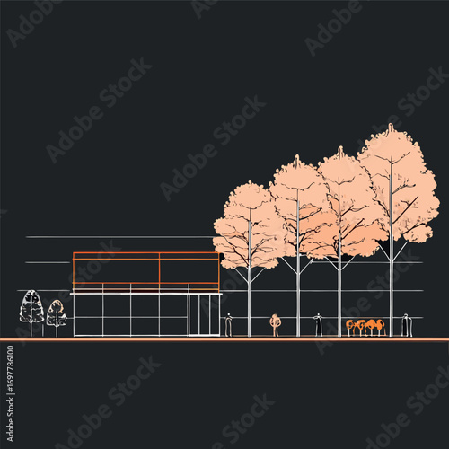 Architectural Drawings, Minimal style cad tree line drawing, Side view, set of section wetland forest outline for landscape design drawing. Vector illustration in seperate element