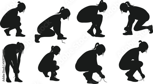 Silhouette Woman Squatting and Tying Shoelaces in Various Athletic Poses, Preparing for Fitness, Running, or Workout Activity Vector