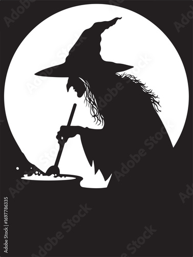 Silhouette of a witch stirring a cauldron against a large full moon potion
