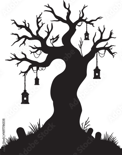 Silhouette of a spooky gnarled tree with hanging lanterns and gravestones on a white background bare branches