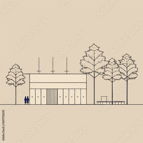 Architectural Drawings, Minimal style cad tree line drawing, Side view, set of section wetland forest outline for landscape design drawing. Vector illustration in seperate element