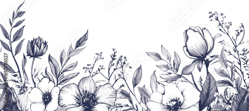 Delicate hand drawn botanical illustration of wildflowers and leaves in a charming vintage sketch style