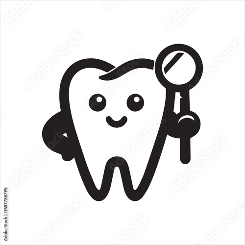 Cartoon Tooth Character Holding a Dental Mirror with a Smiling Expression.