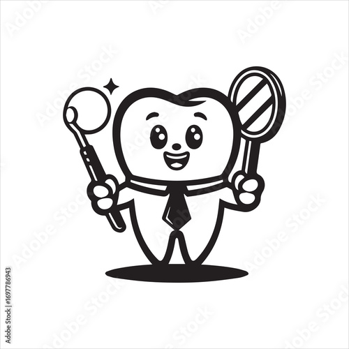 Cheerful tooth character in black and white holding dental mirror and probe.