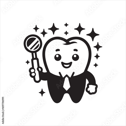 Cartoon Tooth Character in Suit Holding Dental Mirror with Sparkling Stars.