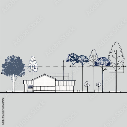 Architectural Drawings, Minimal style cad tree line drawing, Side view, set of section wetland forest outline for landscape design drawing. Vector illustration in seperate element