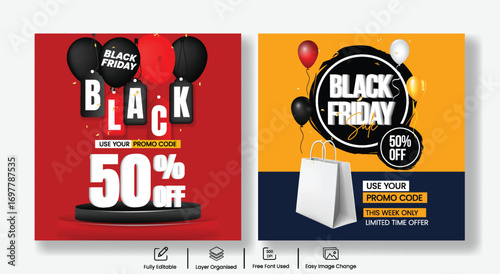 Creative Black Friday sale event social media post template featuring 3D podium background, retail discount promotion ads, product deal offers, square web banners, and modern marketing design