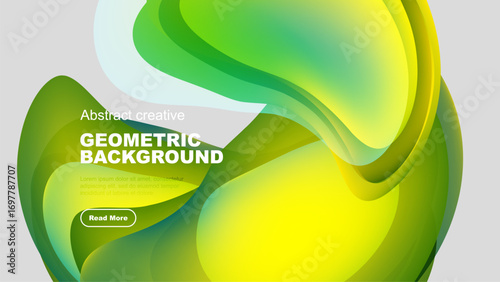 Fluid shapes blend, creating vibrant green, yellow gradients. Modern design evokes energy, movement, abstract concepts. Text overlay present.