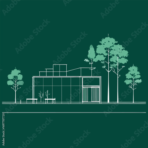 Architectural Drawings, Minimal style cad tree line drawing, Side view, set of section wetland forest outline for landscape design drawing. Vector illustration in seperate element