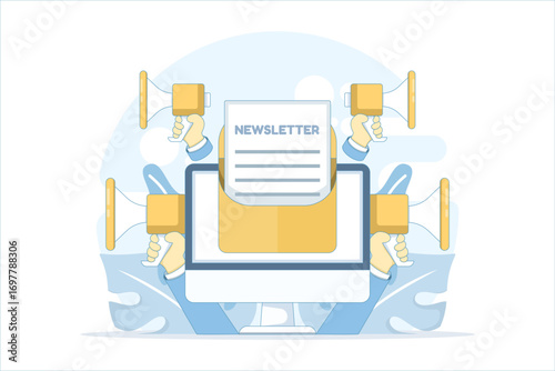Vector illustration of a newsletter subscription. Interacting with an envelope and a subscribe button. Email update concept, marketing promotion, and newsletter signup template.