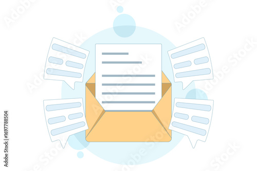 Email and messaging concept. Illustration of email marketing campaigns, workflow process, and creating new email messages as part of digital communication and marketing strategy.