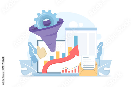 Conversion rate optimization in digital marketing with sales funnel illustration. Lead generation and sales conversion process shown in flat vector design for landing page template with icons.